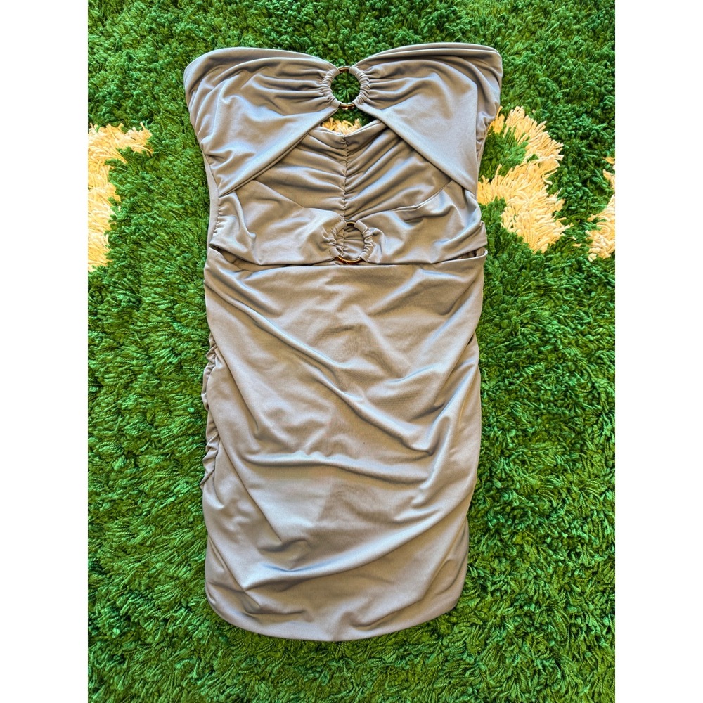 Effordram Tube Top Womens L Gray Excellent Ruched O-Ring Cut Out Strapless